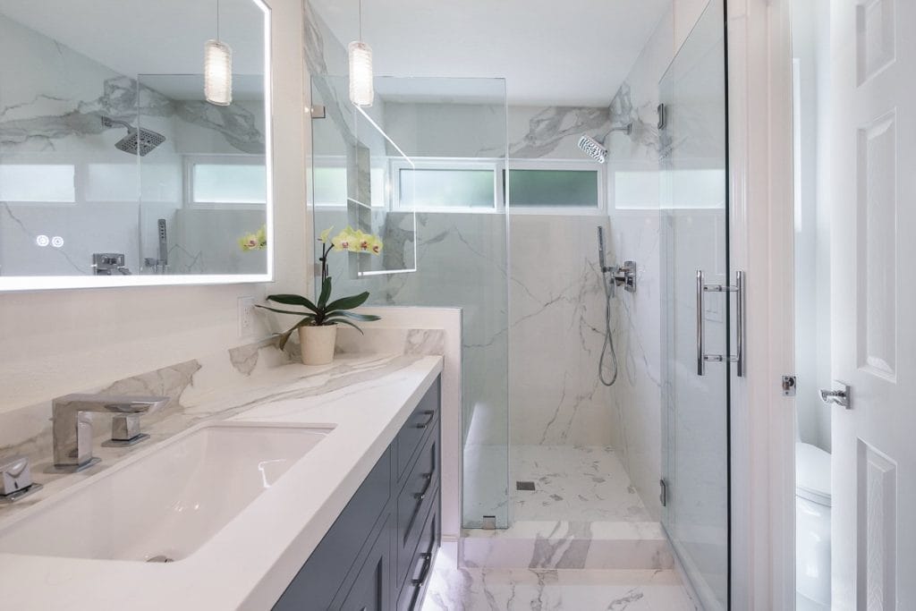 Beautiful kitchen countertops display featuring marble and quartz options in modern home